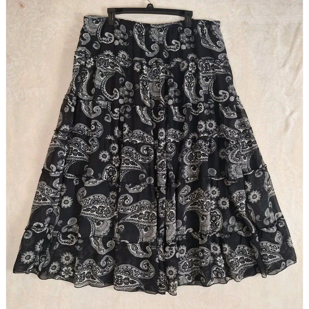Anthony Originals 1X Tiered Paisley Skirt Black White Boho Lined Elastic Waist